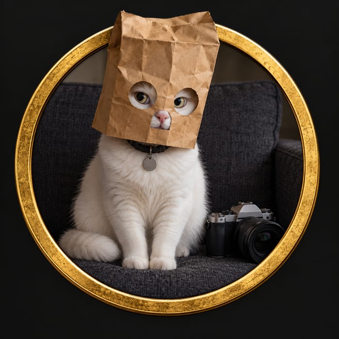 Catperazzi coin logo featuring the white cat with a brown paper bag over its head.