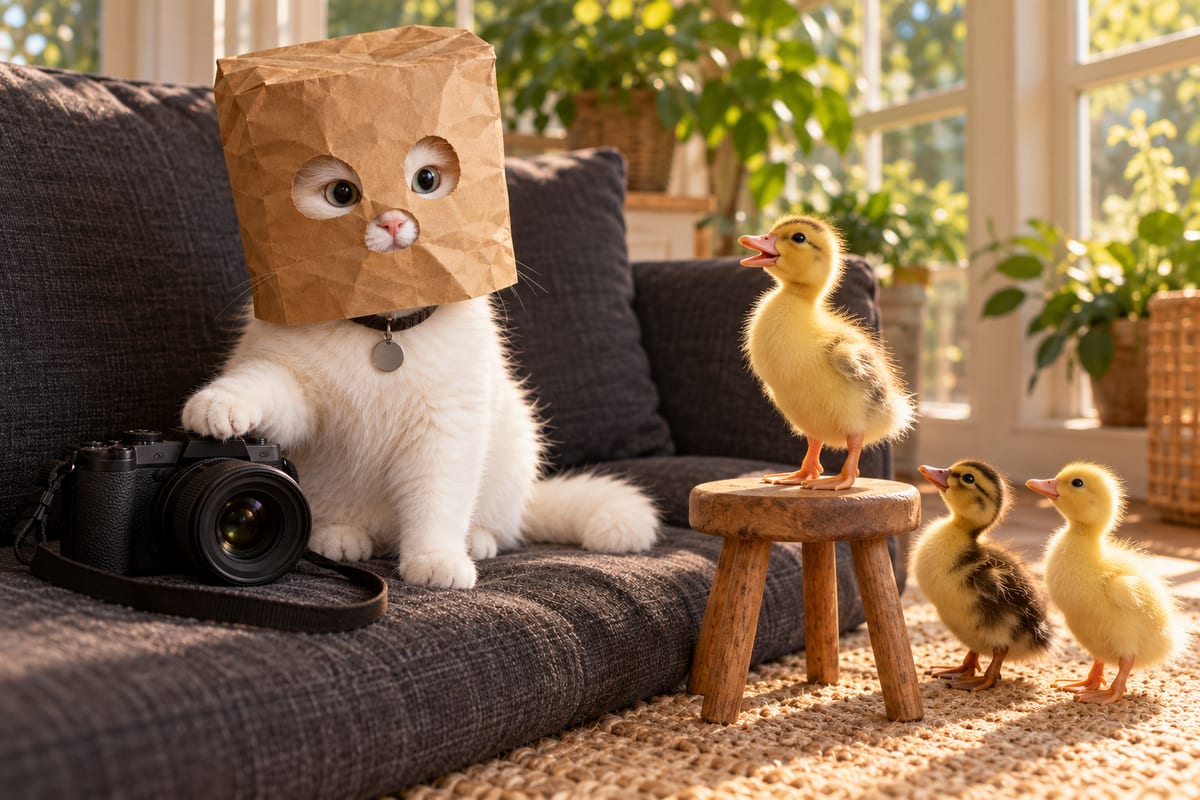 Catperazzi sits on a dark sofa with a brown paper bag over its head and one unbranded camera beside it.