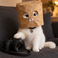 Catperazzi coin logo featuring the white cat with a brown paper bag over its head.
